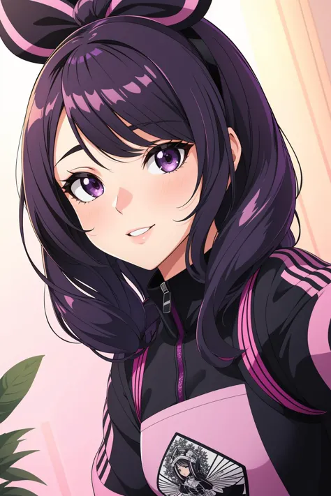 anime girl with purple hair and black and pink outfit