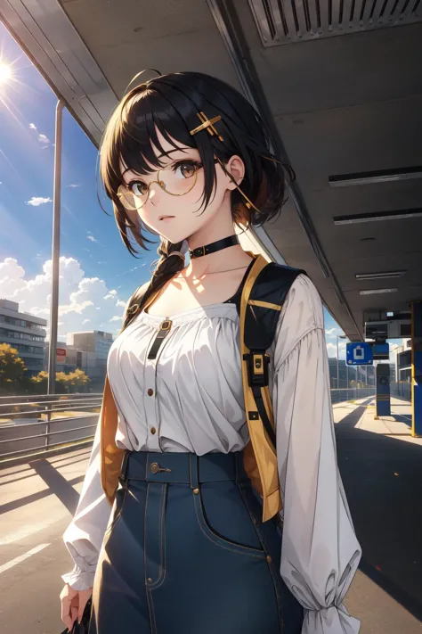 a woman in a white shirt and black skirt standing in front of a train station