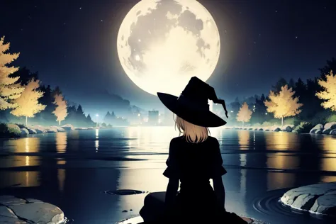 witch sitting on rock in front of a full moon