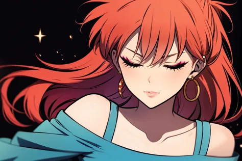 anime girl with red hair and earrings looking at something