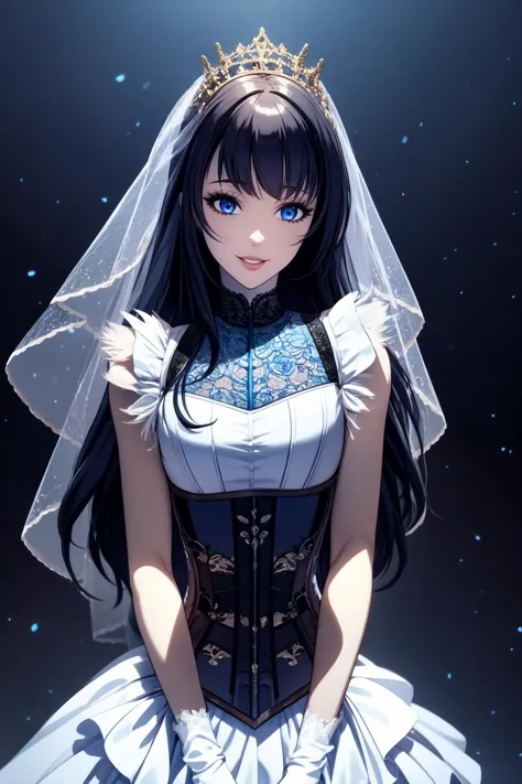 detailed background, best quality, masterpiece, cinematic lighting, highly detailed,
blue-galaxy 1girl solo corset blue-eyes gem black-lips long-hair black-hair fur trim layered-dress bangs makeup eyelashes wedding-dress parted-lips straight-on smile black-lace,detailed background, accurate details, holding flowers