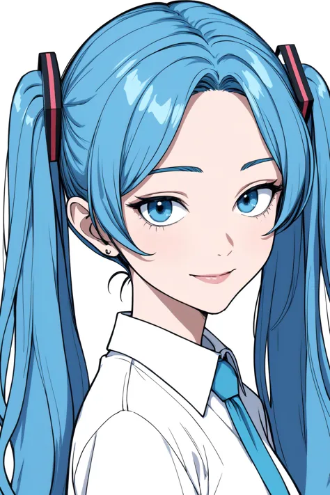 anime girl with blue hair and ponytails wearing a tie