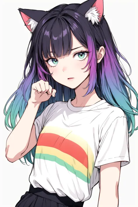 masterpiece, best quality, cat girl, cat ears, paw pose, gradient, gradient hair, gradient hair, rainbow gradient, rainbow, rainbow hair, white shirt
<lora:hyperdetailer_v095:0.3>