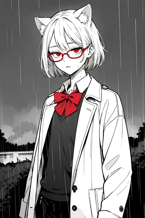 anime girl with cat ears and red bow tie standing in the rain