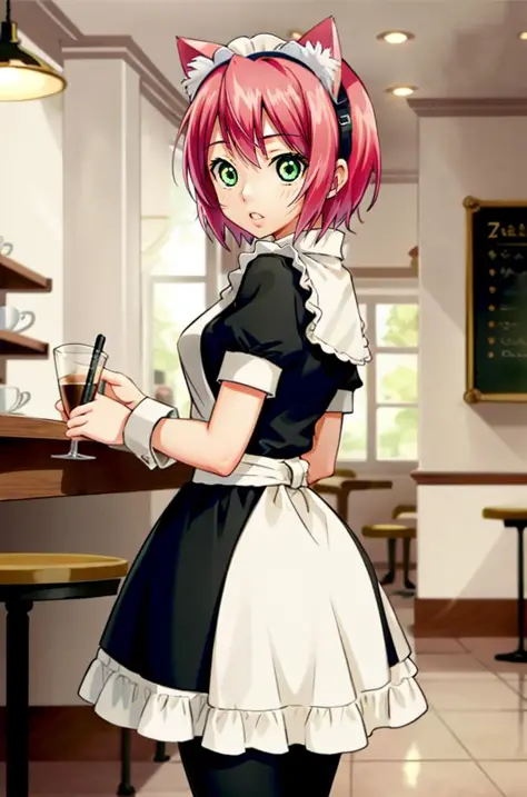 izunaczar, (short hair, pink hair, green eyes, cat ears), (maid uniform), (standing, cafe), (masterpiece:1.2), hires, ultra-high...