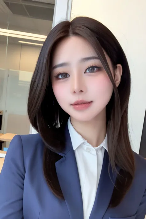 a close up of a woman in a suit posing for a picture