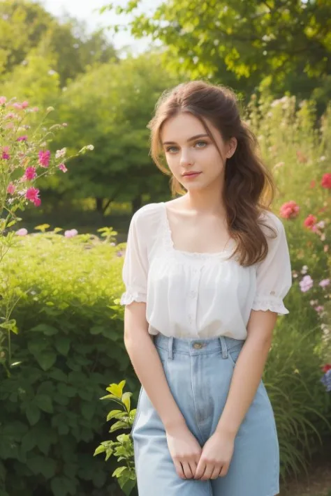 beautiful young girl 20_year_old, outdoors, standing, garden, flower, beautiful view, photography, (matching outfit, matching ha...