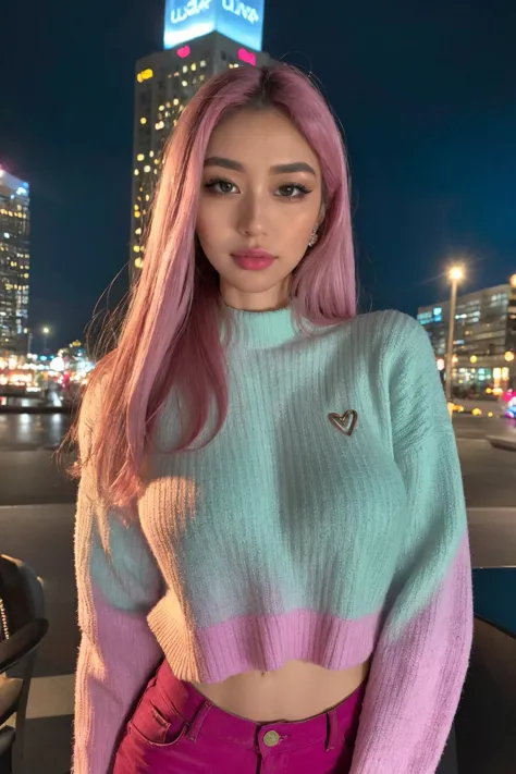 a woman with pink hair and a blue sweater posing for a picture