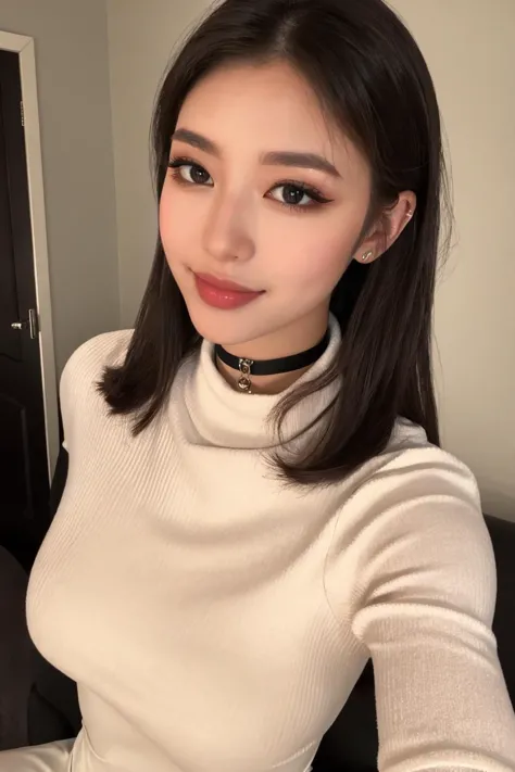 a woman in a white turtle neck sweater posing for a picture