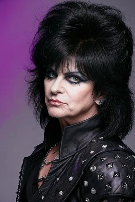 a close up of a person with a black jacket and a purple background