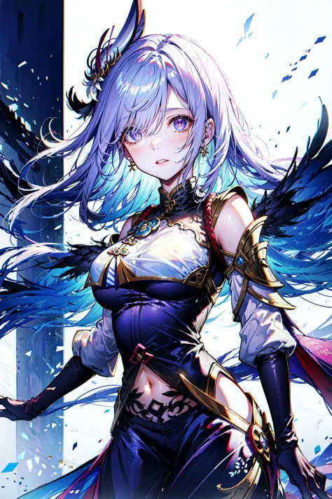 (best quality, detailed background, highres, absurdres, bloom, disheveled hair, shiny hair, exposed in lighting, bright pupils),
1girl, focus on leg, earpiece, long hair, silver hair, large_breasts, action_pose, standing,  arms behind back, stage, spotlight, glass ceiling,
shenhe \(genshin impact\), hair_ornament, hair over one eye,  designer dress,  dutch_angle, upper body,