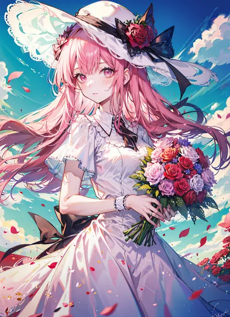 ((masterpiece, best quality)), 1girl, flower, solo, dress, holding, sky, cloud, hat, outdoors, bangs, bouquet, rose, expressionless, blush, pink hair, flower field, red flower, pink eyes, white dress, looking at viewer, midium hair, holding flower, small breasts, red rose, holding bouquet, sun hat, white headwear, depth of field,