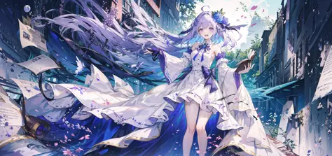 ((best quality)), ((masterpiece)), ((ultra-detailed)), (illustration), (detailed light), (an extremely delicate and beautiful),1girl, solo, barefoot, long hair, purple hair, purple eyes, book, full body, dress, ahoge, looking at viewer, white dress, detached sleeves, hair ornament, bangs, holding, wide sleeves, purple ribbon, blush, smile, standing, star (symbol), breasts, bare legs, very long hair, toes, ribbon, long sleeves, jewelry, feet, open book, open mouth, holding book, sleeveless, bare shoulders, flower, frills, bow, hair flower