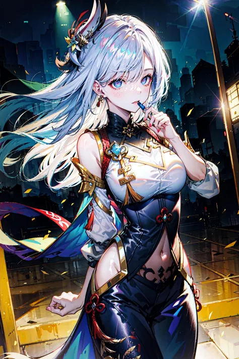 (best quality, detailed background, highres, absurdres, bloom, disheveled hair, shiny hair, exposed in lighting, bright pupils),
1girl, focus on leg, earpiece, long hair, silver hair, large_breasts, action_pose, standing,  arms behind back, stage, spotlight, glass ceiling, 
shenhe \(genshin impact\), hair_ornament, hair over one eye,  designer dress,  dutch_angle, upper body,