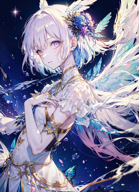 An angel is depicted with a pale and luminous complexion, their skin seemingly glowing with an otherworldly radiance. They are adorned with a pair of sparkling and graceful wings, symbolizing their divine nature. The scene is ethereal and enchanting, capturing the beauty and mystery of these celestial beings. angel, pale, luminous, complexion, glowing, otherworldly, radiance, sparkling, graceful, wings, divine, ethereal, enchanting, beauty, mystery.upper body,