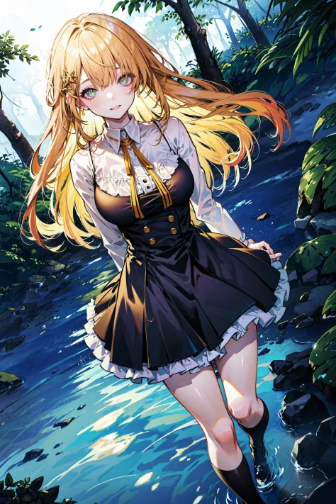 (best quality, detailed background, highres, absurdres, bloom, disheveled hair, shiny hair, exposed in lighting, bright pupils, dedicated detailed eyes),
1girl, earpiece, long hair, blonde hair, large_breasts, arms behind back, daytime, outdoors, forest, water, creeks, sunshine, 
hair_ornament, (hair over one eye),  full body, dutch angle,