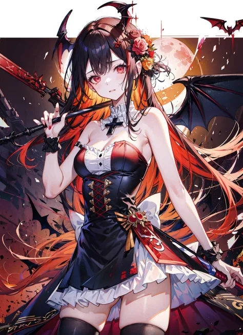 red_sky, bat, 1girl, red_moon, black_hair, red_eyes, cross, thighhighs, long_hair, red_background, moon, solo, dress, bat_wings, vampire, weapon, wings, orange_sky, blood, demon_wings, multicolored_hair, looking_at_viewer, bare_shoulders