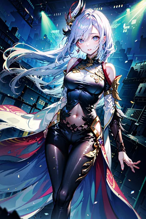 (best quality, detailed background, highres, absurdres, bloom, disheveled hair, shiny hair, exposed in lighting, bright pupils),
1girl, focus on leg, earpiece, long hair, silver hair, large_breasts, action_pose, standing,  arms behind back, stage, spotlight, glass ceiling, 
<lora:shenheLoraCollection_shenheMedium:0.5>, shenhe \(genshin impact\), hair_ornament, hair over one eye,  designer dress,  dutch_angle,