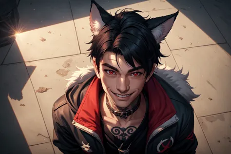 LoL Style, 1boy, from above, jacket, male focus, black hair, fox ears, animal ears, animal ear fluff, red eyes, flared collar, short hair, smile, solo, tattoo, from above, masterpiece, official art, extreme light and shadow, <lora:LeagueStyles:0.8>