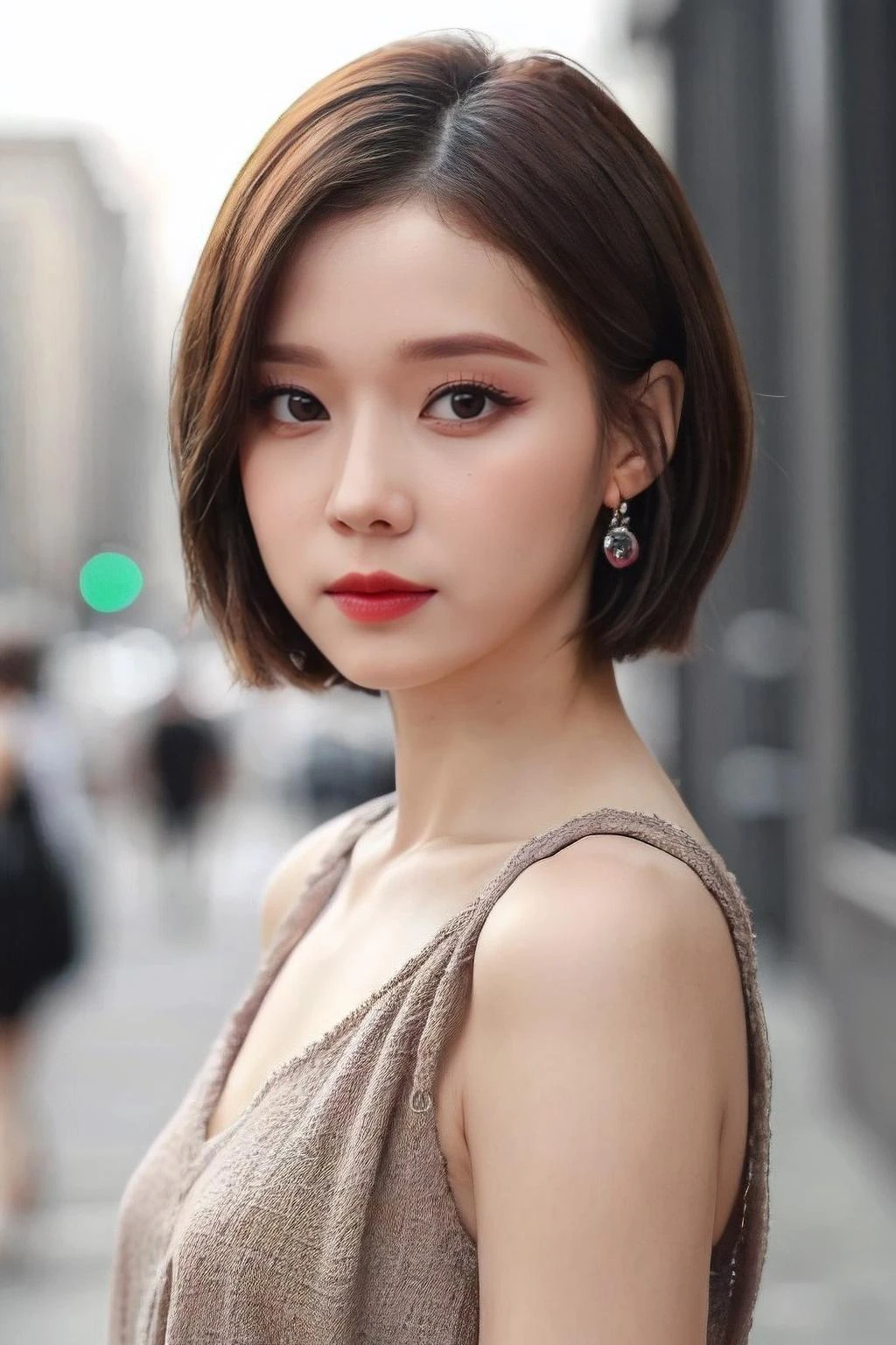 a woman, (realistic), (hyperrealism), (photorealistic), depth of field, eye makeup:0.5, (upper body:1.2), (narrow waist:0.7), looking at the viewer, casual outfit, at the city streets, 