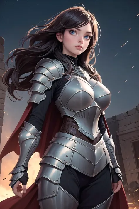 a woman in armor standing in front of a building