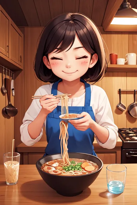 (masterpiece, best quality), 1girl, solo, cute face, kawaii, ramen, chopsticks, drinking glass, eating, heart, happy, closed eyes, closed mouth, <lora:ramen_v1.4:1>, kitchen,