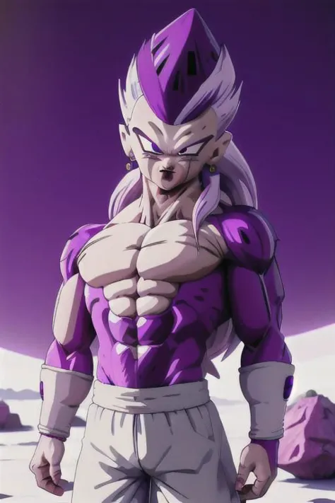 RAW photo, intricate details, best quality, 8k uhd, soft lighting, 1boy, solo, frieza, purple eyes, white hair, spiked hair, sin...
