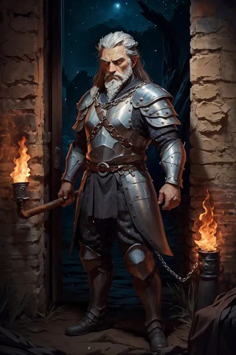 a man in armor holding a sword standing in front of a door