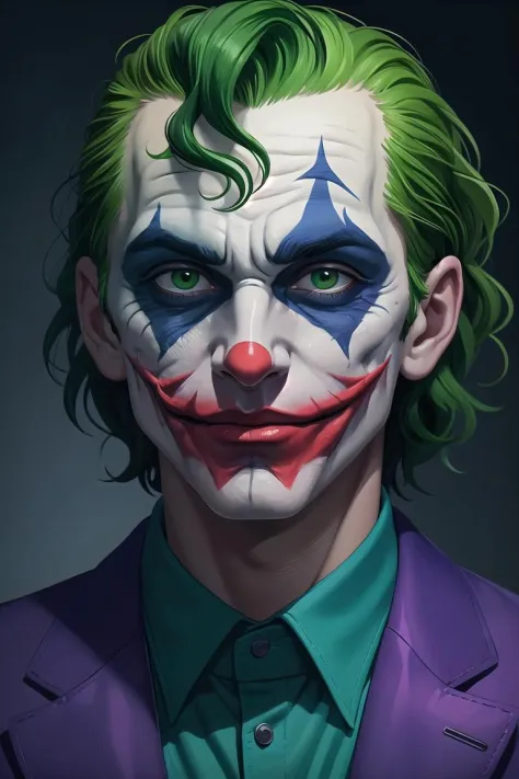 (masterpiece, best quality:1.4) joker painting of a man with green hair and a yellow jacket, digital art by Nicholas Marsicano, ...