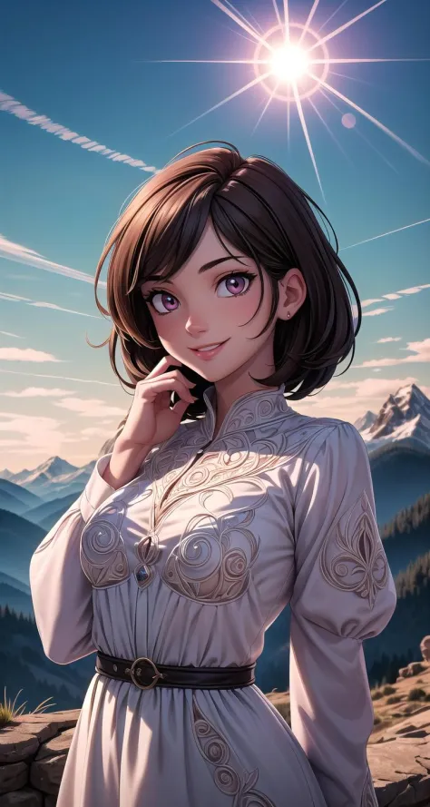 Cowboy Shot, glowing eyes,(masterpiece, best quality:1.4), (beautiful, aesthetic, perfect, delicate, intricate:1.2),(absurdres, highres, ultra detailed),best quality, masterpiece,Dark hair, dark eyes, upper body, sun flare, outdoors, mountain, valley, sky. clouds, smiling,, <lora:more_details:0.5>, <lyco:GoodHands-beta2:0.8>, <lora:AudreyHepburn:0.3>