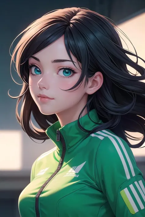 Cowboy Shot,((glossy eyes)),1girl,20s,light_smile,closed_mouth,long black hair,dark blue eyes,track suit,in a baseball field,upp...
