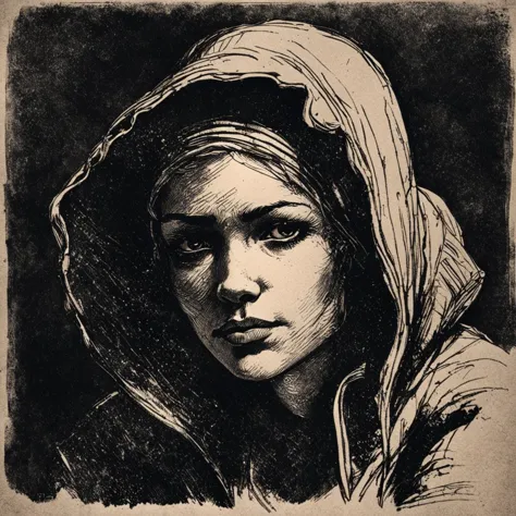 a black and white drawing of a woman with a hoodie