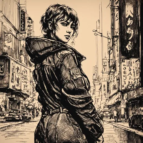 a drawing of a woman in a jacket and jeans walking down a street