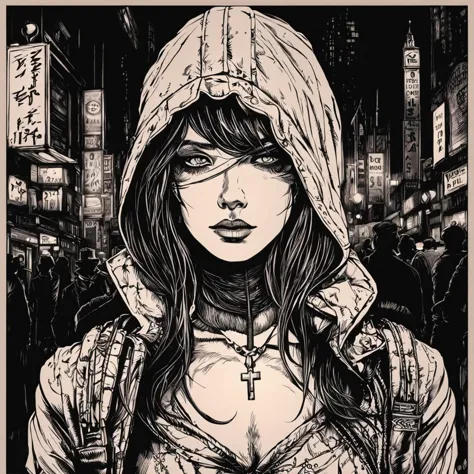 a drawing of a woman with a hoodie on in a city