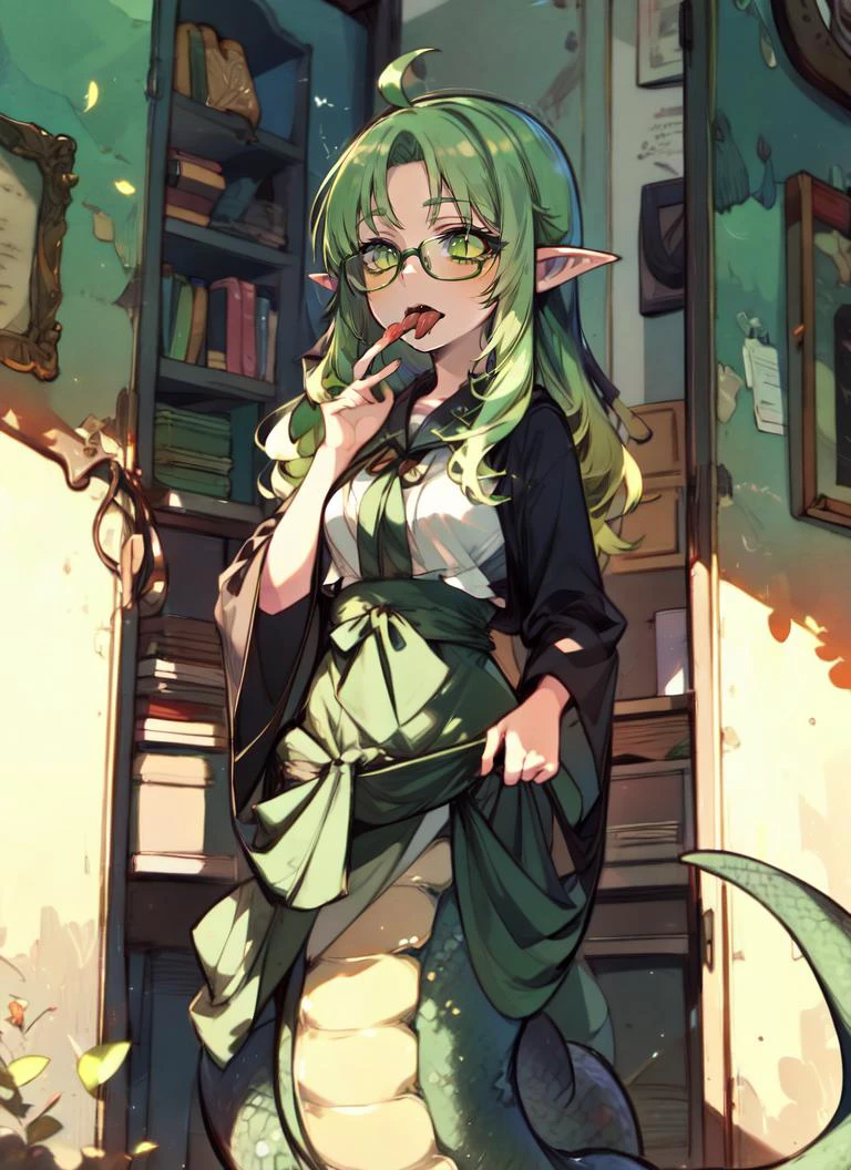 ((best quality)), ((highly detailed)), masterpiece, extremely detailed face, beautiful face, , (1girl), (glasses), cowboy shot, (lamia), scales, tail, merged at waist, (light green hair, light green scales), green yellow eyes, snake eyes, pointy ears, (slittongue), open mouth, tongue out, (inside, in a closet), 