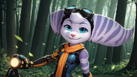 a close up of a cat with goggles on in a forest