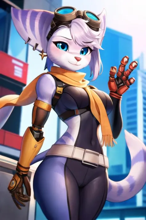 1girl, furry, rivetlombax, blue eyes, animal ears, earrings, goggles on head, bangs, mechanical arms, scarf, bodysuit, belt, tail, city <lora:Rivet:0.95>