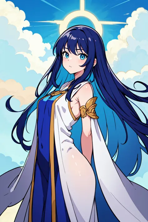 masterpiece, best quality, 1girl, long hair, blue hair, arms behind back, blue eyes, heavenly clouds, long wizard robe,