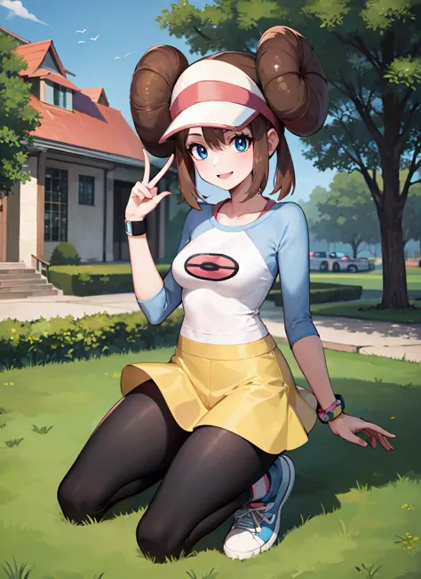 ((best quality)), ((highly detailed)), , (1girl), solo, full body, rosa (pokemon), long hair, hair buns, blue eyes, medium breasts, smiling, visor, raglan sleeves, bracelet, yellow skirt, leggings, sneakers, (outdoors, at a house, dusk)