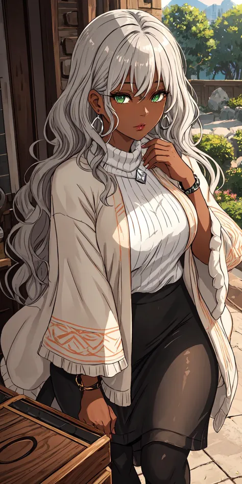 Cozy poncho, leggings, Madam, Short, Lean, Diamond-Shaped Face, Dark Skin, Silver Hair, green Eyes, Short Nose, Thick Lips, Round Chin, Long Hair, Wavy Hair, Wavy Layered Bob, large breasts, Cuff earrings, peach velvet lipstick, home theater, bright sun, warm light, <lora:epiNoiseoffset_v2Pynoise:2>