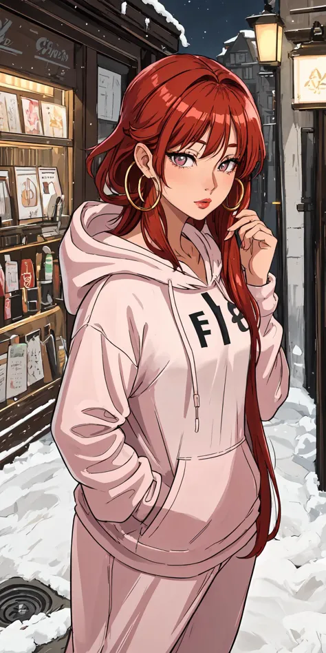 Fuzzy hooded sweatshirt, joggers, Lady, Short, Narrow Hips, Oval Face, Tan Skin, Red Hair, Sapphire Eyes, Short Nose, Thick Lips, Prominent Chin, Long Hair, Coarse Hair, Straight Bob with Layers, firm breasts, Hoop earrings, light pink satin lipstick, Writing letters, <lora:epiNoiseoffset_v2Pynoise:2>