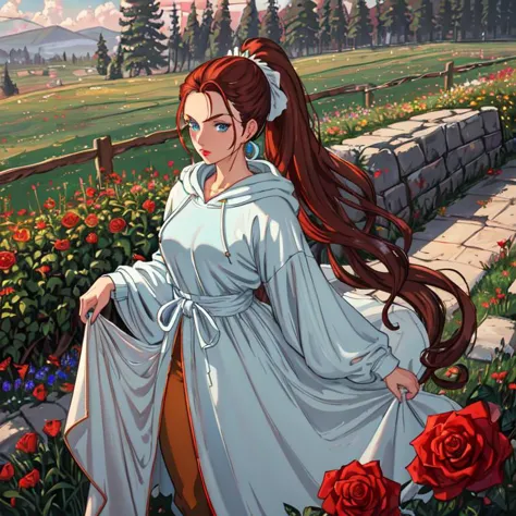 luminous, modernism oil painting, Oversized hoodie, joggers, Heiress, Tall, Toned, Triangular Face, Fair Skin, Chestnut Hair, ice blue Eyes, Wide Nose, Full Lips, Receding Chin, Long Hair, Thick Hair, High Ponytail, small breasts, Drop earrings, rose matte lipstick, Twirling in a flowy dress among wildflowers, <lora:epiNoiseoffset_v2Pynoise:2>