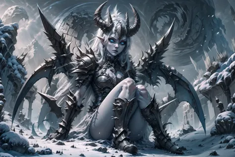 looking at viewer, <lora:add_sharpness:1>,   <lora:RealmsOfIce:1> Ice, snow, bleak tundra, blizzard, cracks in ground, stars, ice hell, snowflakes, fortress, high walls, demon girl, frost wings, ice horns, blue eyes,  <lora:Solid:0.6> solid eyes, colored sclera, ice demon,  <lora:coloredSkin-08:0.8> white skin,powerful, menacing, giant wings,  <lora:Clothing - Spiky Armor_v1.2:0.7> spikyarmor, spikes, best quality, masterpiece, <lora:more_details:0.65>, sitting, legs up