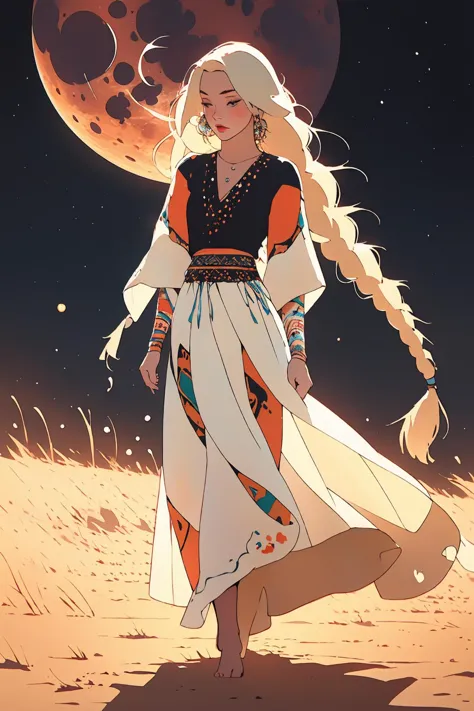 splatter, drawing of a woman dancing, gypsy, glitter and stars on her (long blond braid)  in front of a full moon with blue splots,  circle, crescent moon, full moon, doncing, tibetian fashion, long skirt, colourful, woman focus, moon, moonlight, night, night sky, planet, red moon, sky, solo, sun, bare foot, swirling, (best quality:1.27), (masterpiece:1.27), (highres:1.20)  (digital illustration:1.20), (manga-art:1.25), detailed face, eyes and hands,  <lora:ç»ªå¿-æ°ææé¥° National costume:1>