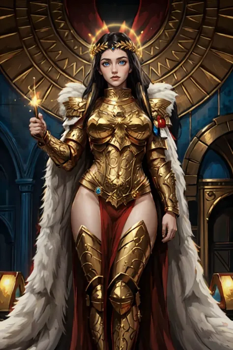 god empress, large breasts, long hair, black hair, blue eyes, (glowing eyes:1.2), standing, gold armor, laurel crown, pauldrons,...