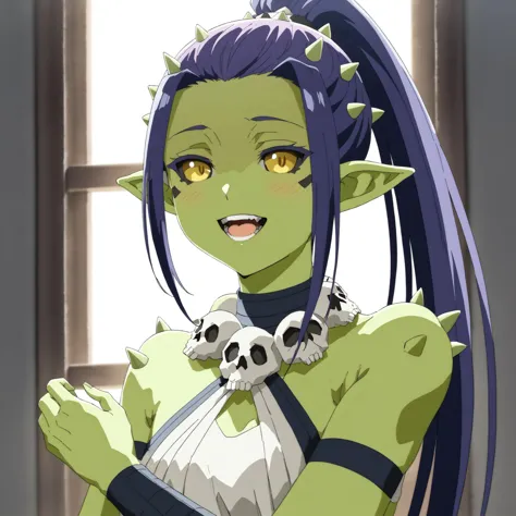 Gobuko,green skin,pointy ears,purple hair,detailed iris,detailed hands,masterpiece, best quality, extremely delicate and beautiful,long hair,blue hair,yellow eyes,ponytail,horns,teeth,pointy ears,necklace,colored skin,spikes,colored sclera,yellow iris,big chest, petite,happy, high resolution, highly detailed, perfect lighting, beautiful detailed eyes,(black sclera:1.2),green skin, <lora:GobukoPonyXL:1>