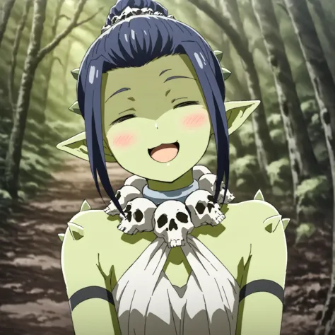 anime girl with blue hair and a skull necklace in a forest