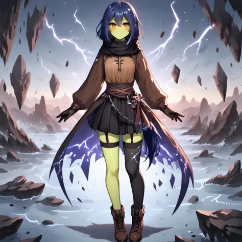 anime girl with blue hair and yellow tights standing in a rocky area