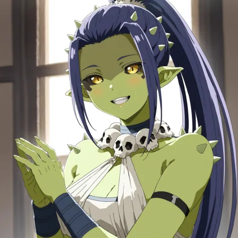 anime girl with long hair and green skin holding a skull