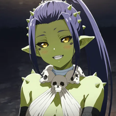 Gobuko,green skin,pointy ears,purple hair,detailed iris,detailed hands,masterpiece, best quality, extremely delicate and beautiful,long hair,blue hair,yellow eyes,ponytail,horns,teeth,pointy ears,necklace,colored skin,spikes,colored sclera,yellow iris,big chest, petite,happy, high resolution, highly detailed, perfect lighting, beautiful detailed eyes,(black sclera:1.2),green skin, <lora:GobukoPonyXL:1>